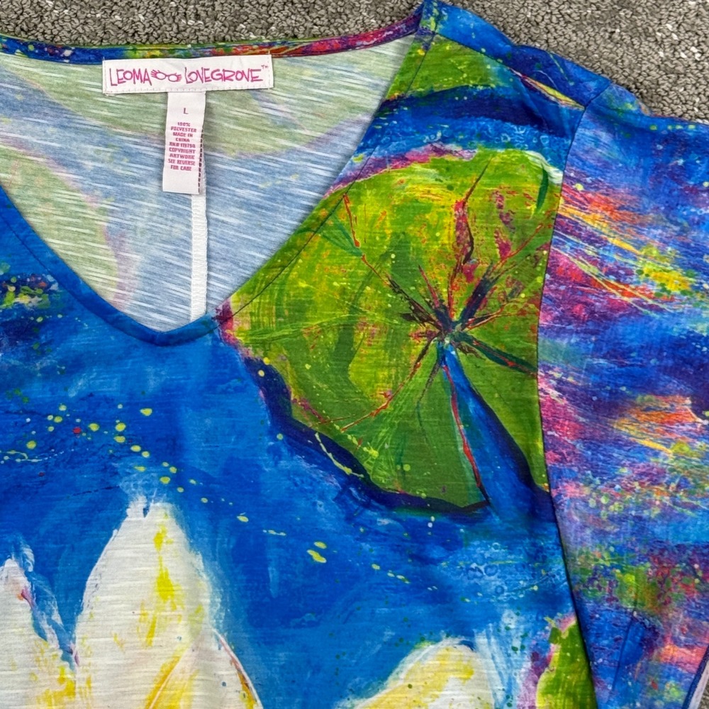 Leoma Lovegrove Lotus Top Women Large Blue Floral Rhinestone Art Wear Boho